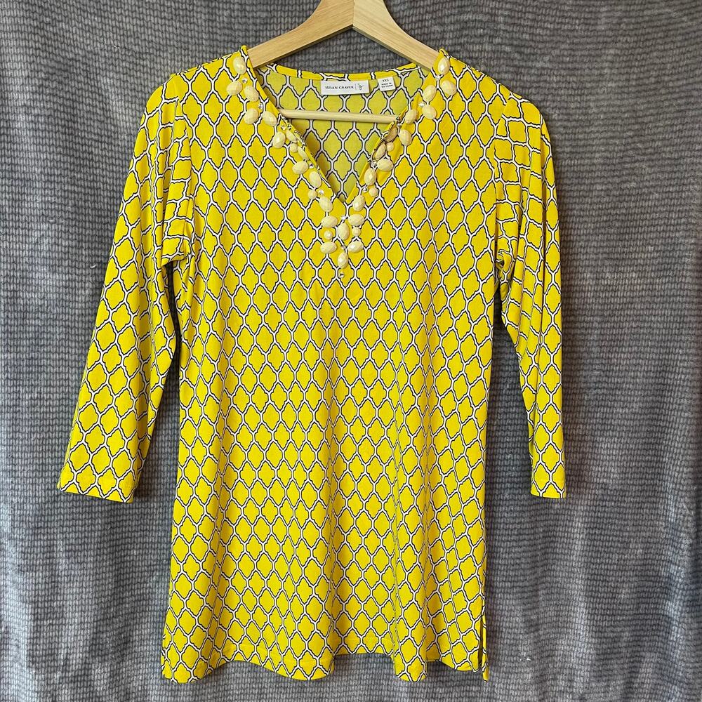 Susan Graver Liquid Knit Sunny Yellow Top Size‎ XXS Jeweled V Neck 3/4 Sleeve